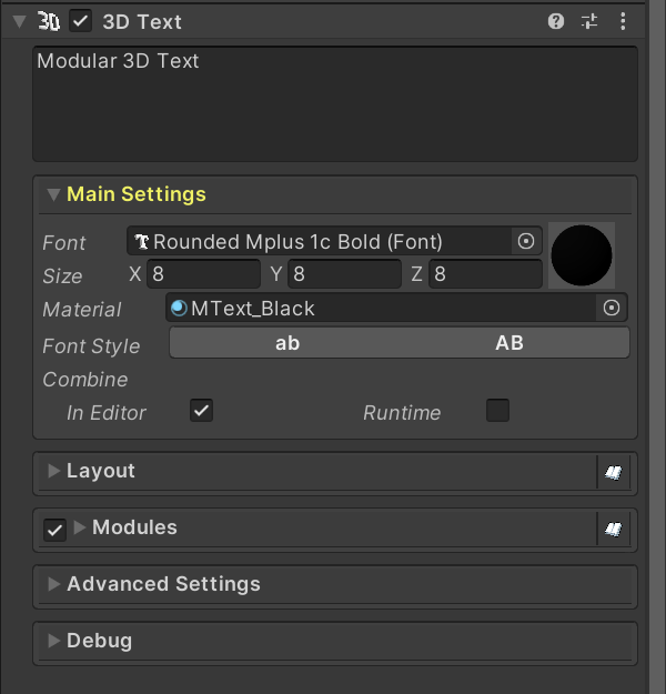 Inspector of Modular 3D Text